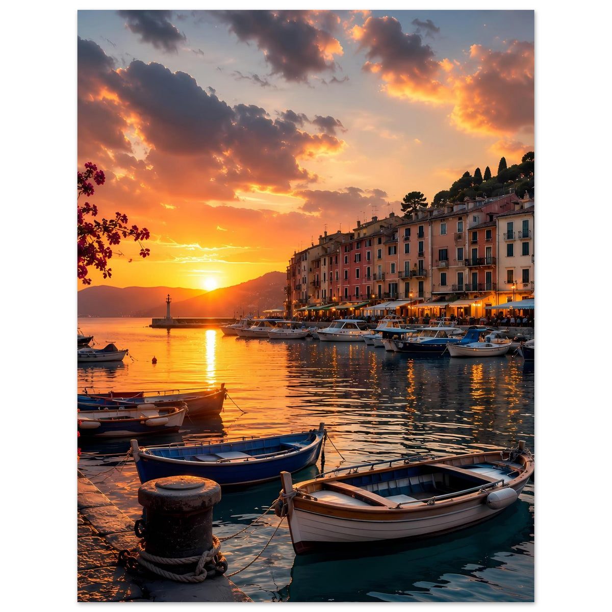 Poster mit Hafen-Sonnenuntergang, Boote im Vordergrund und Uferhäuser