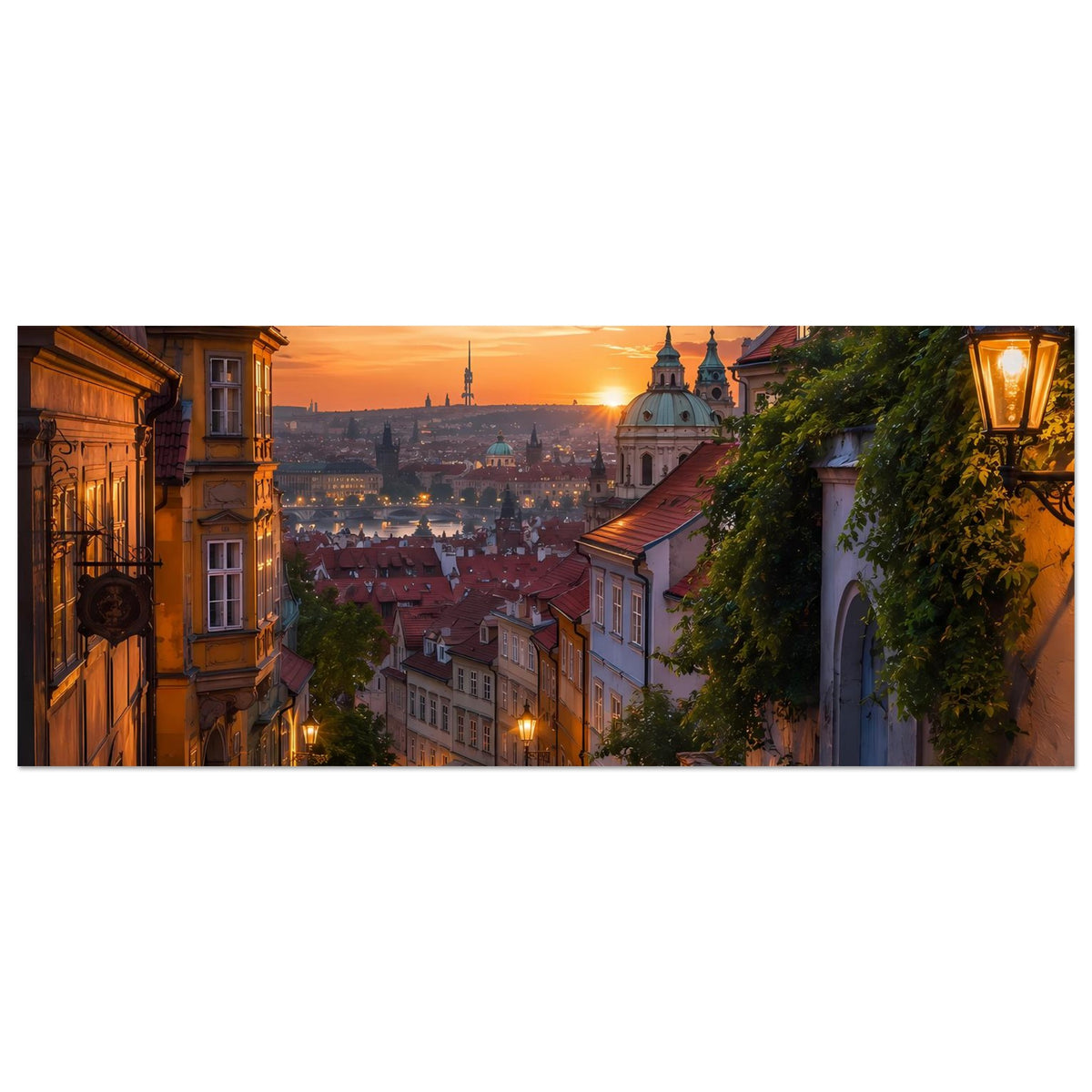 Horizontales Stadtlandschafts-Poster: Altstadtblick bei Sonnenuntergang, Laterne rechts leuchtet.