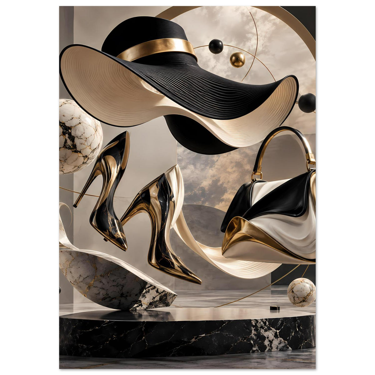 Modekunst-Poster mit stilisierten High-Heels, Goldrand und schwarzen Flächen