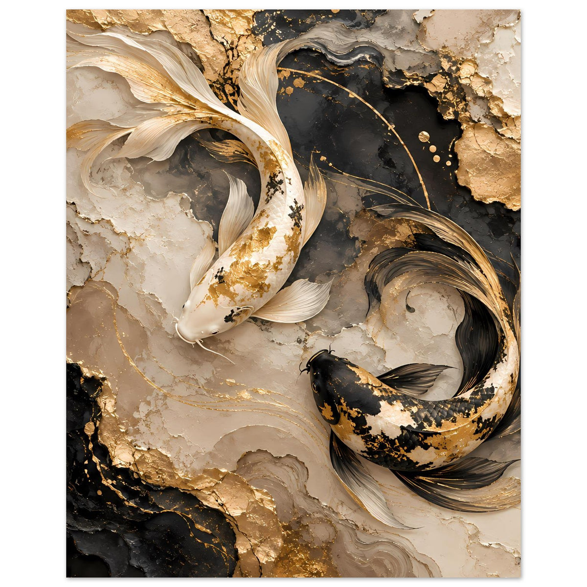 Kunstposter im Hochformat: zwei Koi-Fische, goldene Akzente und schwarze Details
