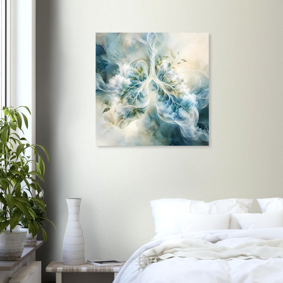 Surreales Anatomie-Poster mit blauem Lungenmotiv, weißen Federwirbeln und grünen Akzenten