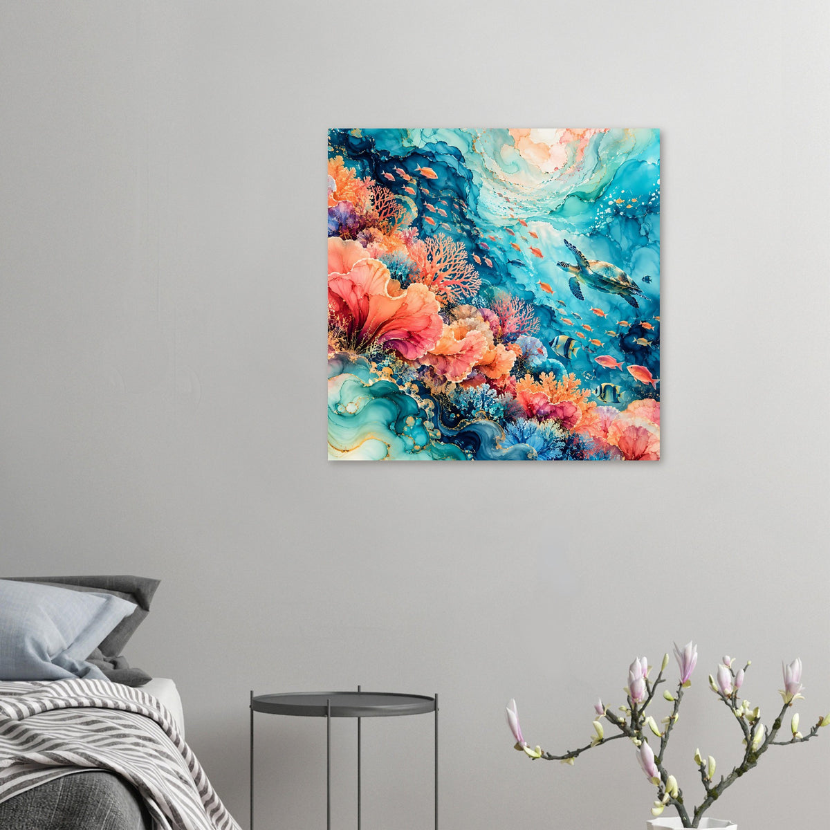 Kleines Unterwasser-Poster mit Korallenriff, Fischen und Schildkröte