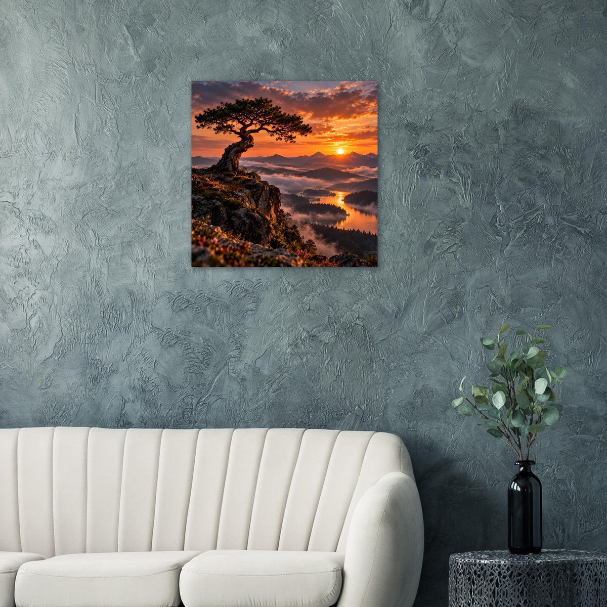 Quadratisches Poster mit Baum an Klippen, Sonnenuntergang mit reflektierender Wasserfläche