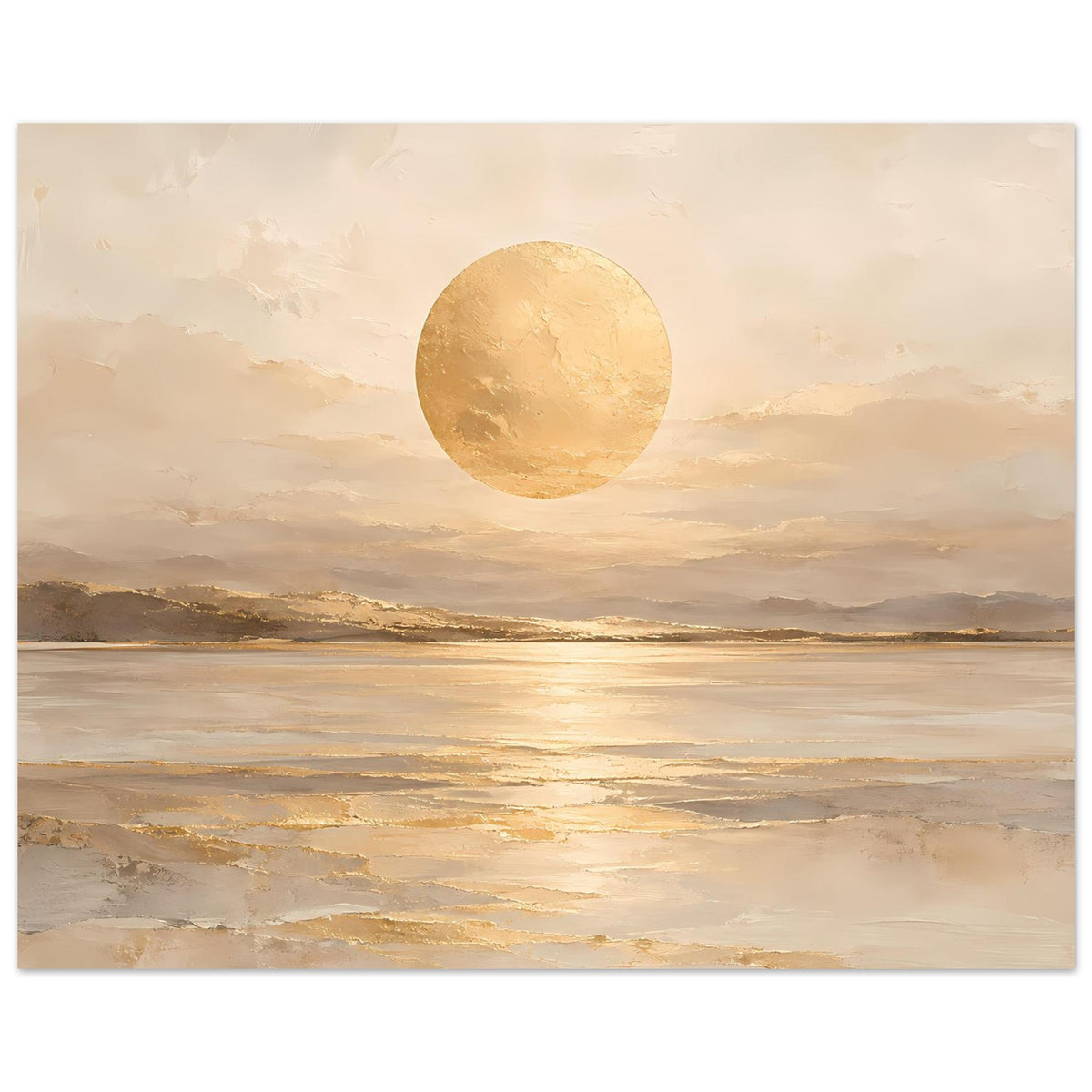 Beiges Kunstposter mit goldener Kreis-Sonne über schimmerndem Meer und Horizontlandschaft