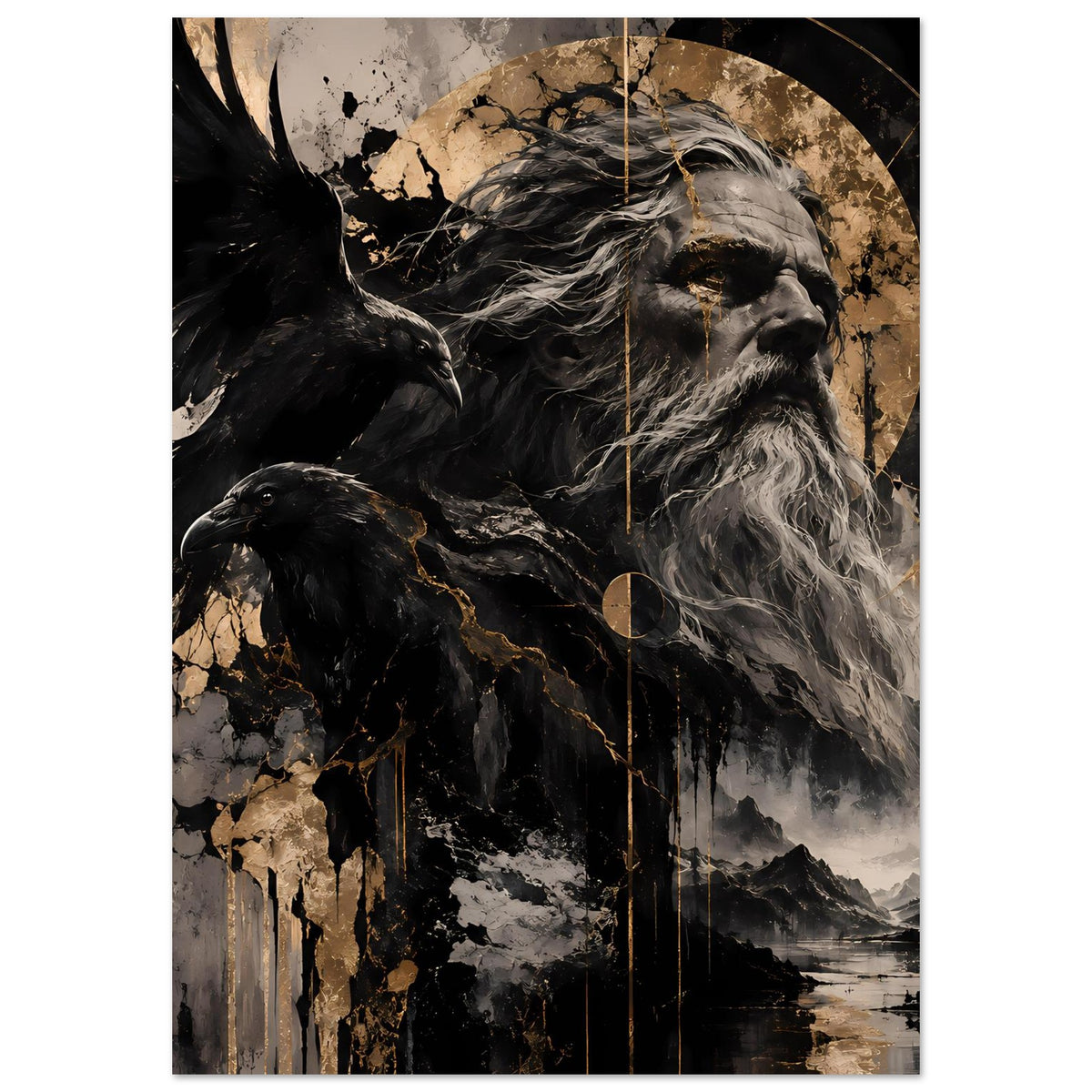 Poster im Hochformat mit Odin-Profil, Rabe im Vordergrund, kontrastreiche Schwarz-Grau-Goldoptik