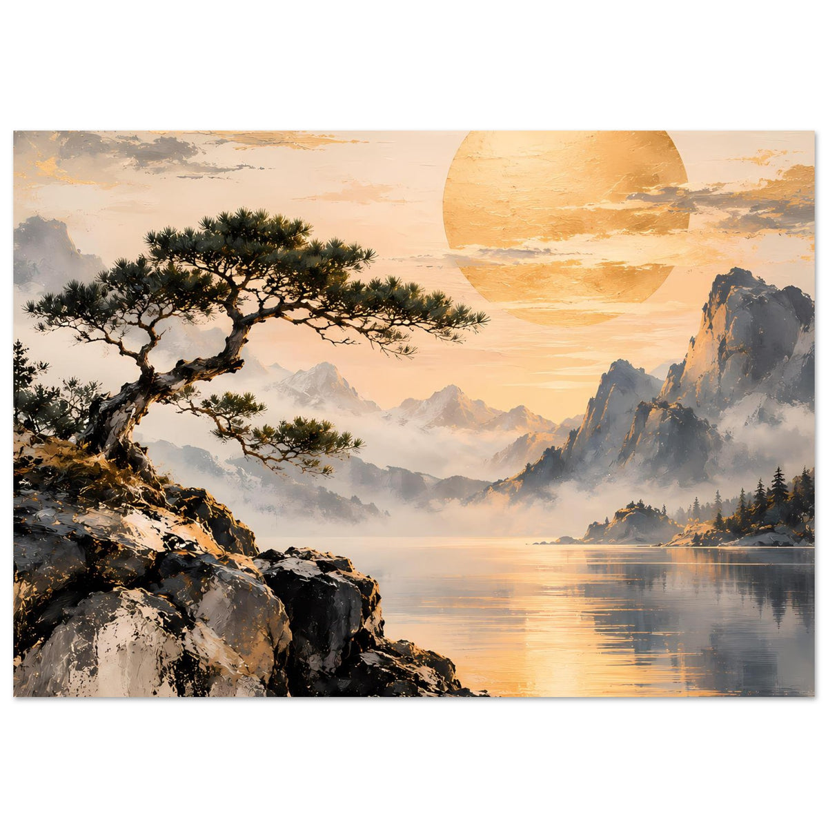 Horizontales Landschaftsposter: goldenes Sonnenmotiv, Gebirge, See mit Lichtreflexen