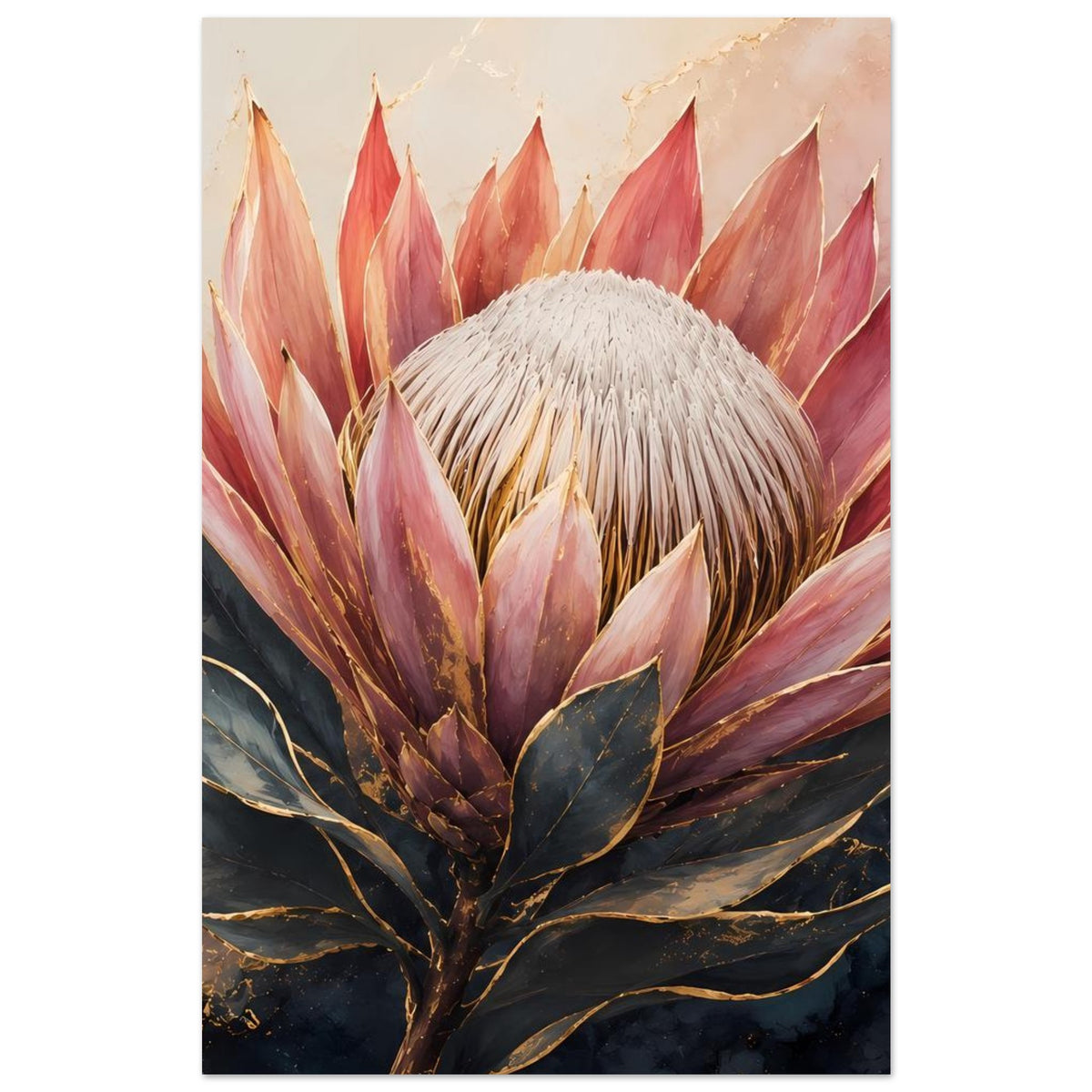 Botanisches Poster mit Königsprotea-Knospe, Staubblüte im Zentrum und dunklem Ast unten