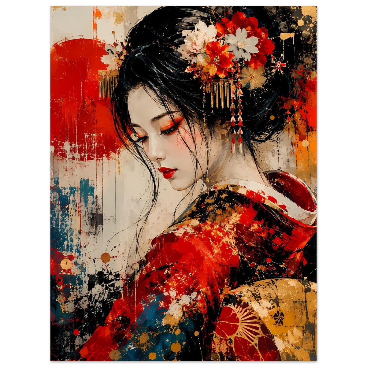 Japanisches Geisha-Poster: Geisha im roten Kimono mit goldenen Akzenten, seitlicher Blick