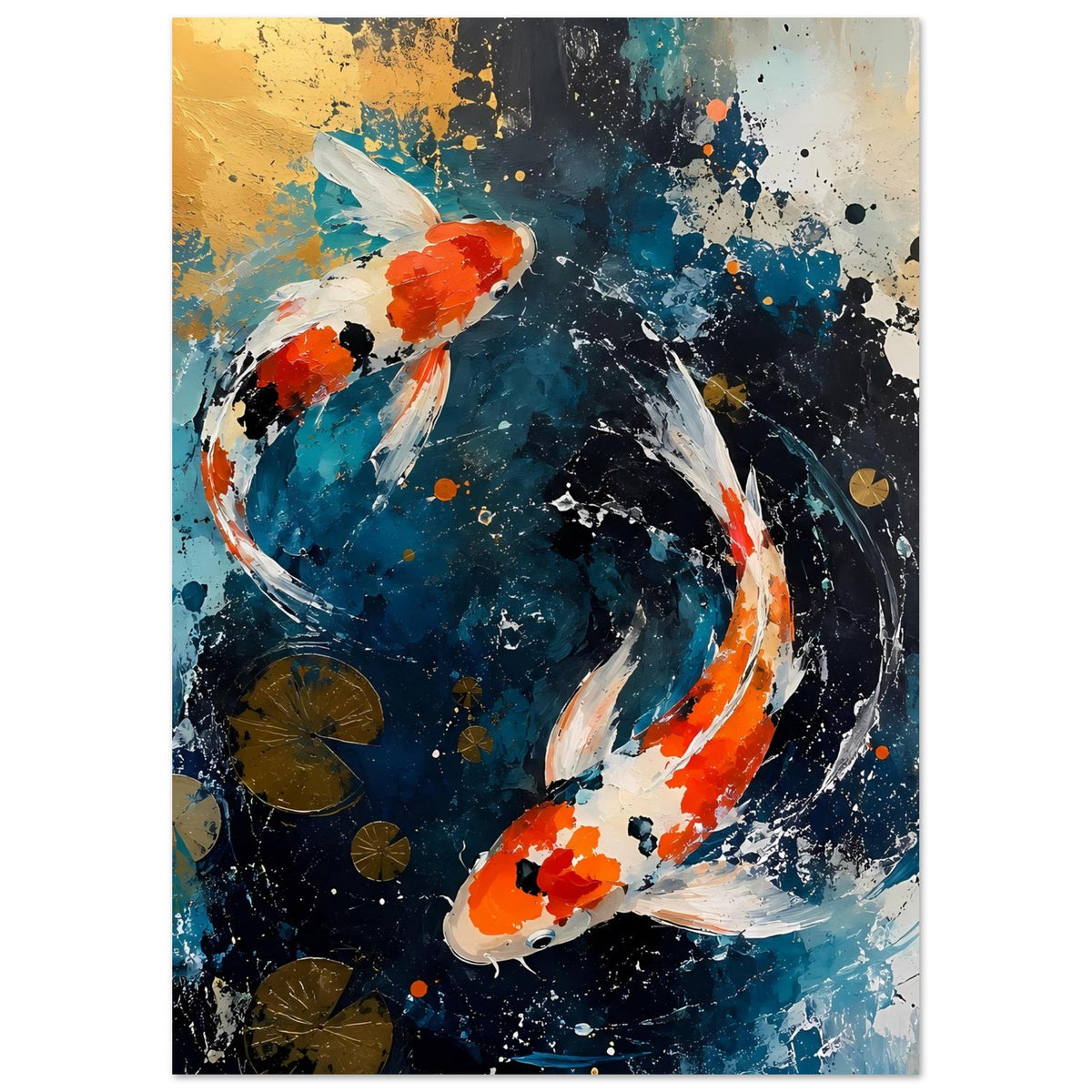 Abstraktes Koi-Poster mit zwei Koi, orange-weiße Fische und blau-schwarzer Strudel