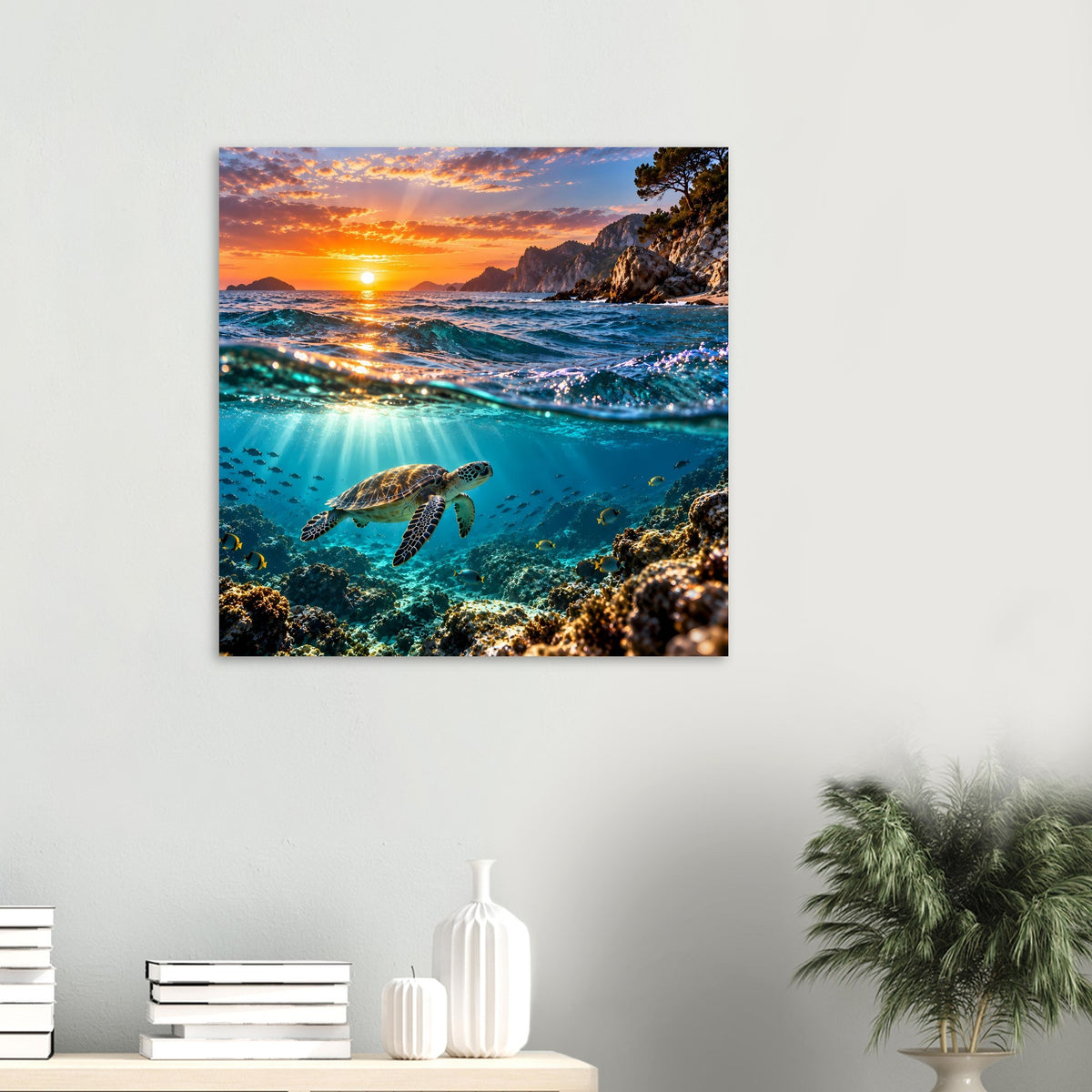Quadratisches Poster mit Meeresschildkröte im Meer bei Sonnenuntergang und Wellen