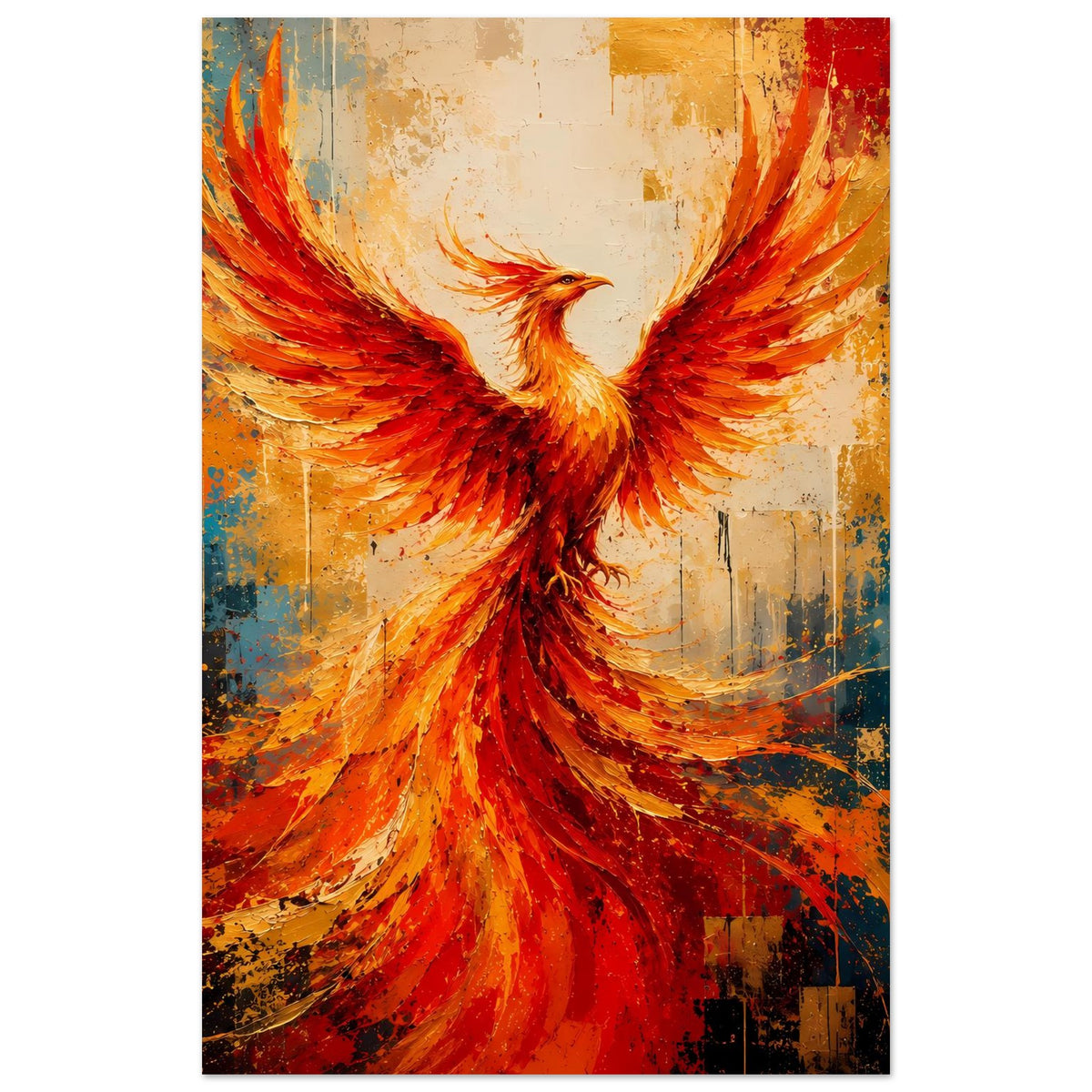 Wandposter mit Phönix-Figur, rot-orange Flügel und Brustgefieder, engerer Bildausschnitt