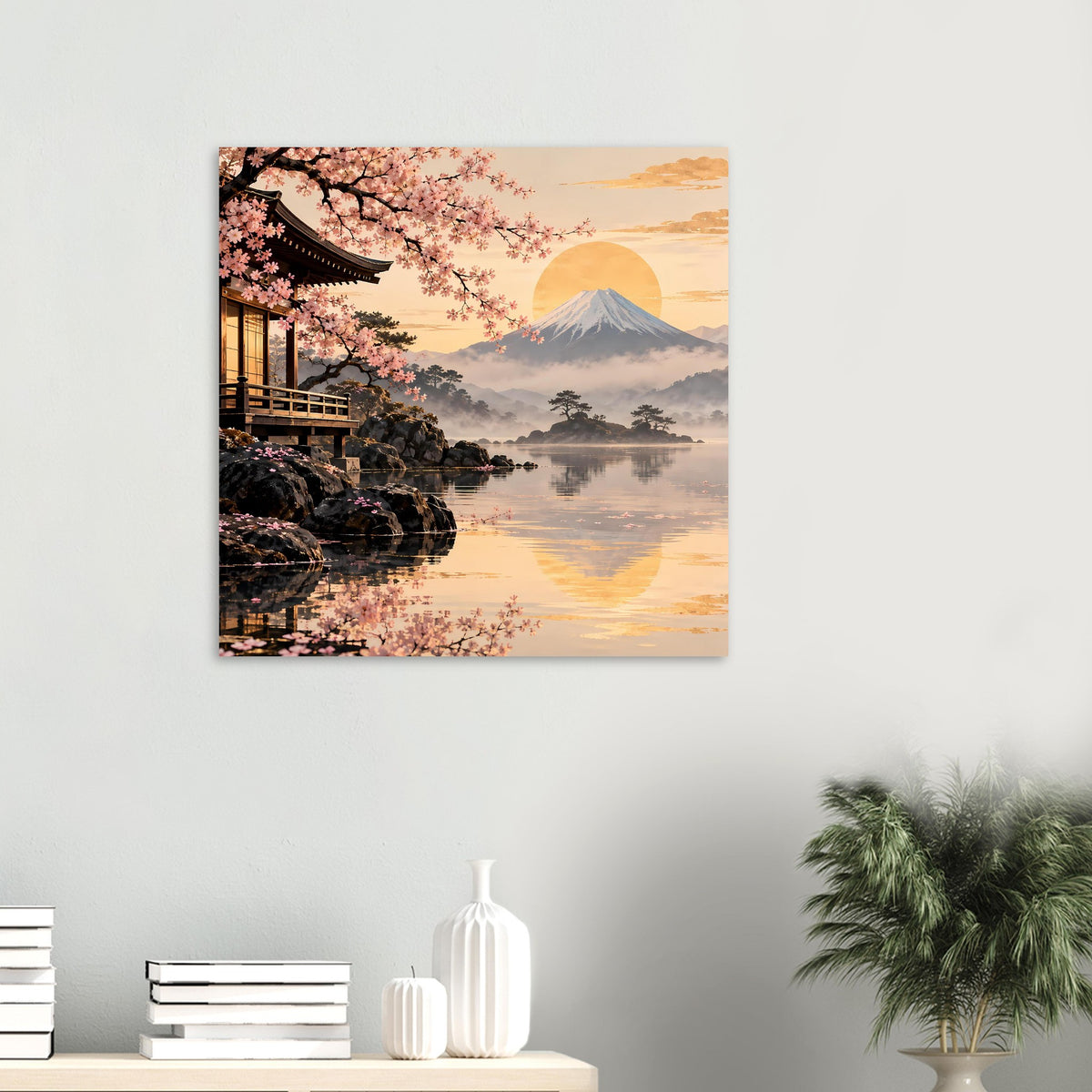 Gerahmtes quadratisches Poster mit Kirschblüten, Tempel und Fuji im Sonnenuntergang