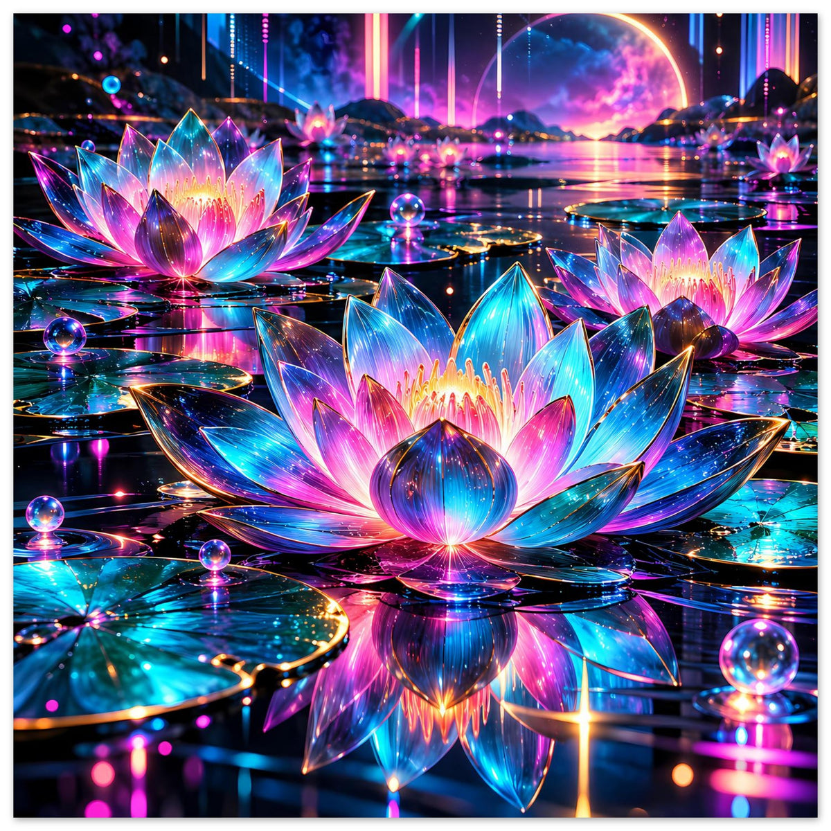 Neon-Lotus Poster, Panorama: zwei Lotusblüten mit intensiven Farben und bunten Lichtsäulen