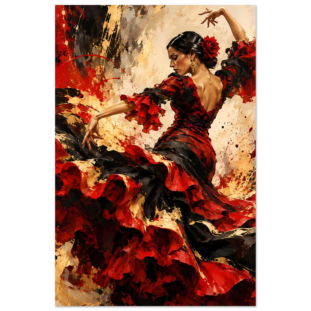 Vertikales Poster mit Flamenco-Tänzerin im roten und schwarzen Kleid, Arm erhoben, Gesicht im Profil
