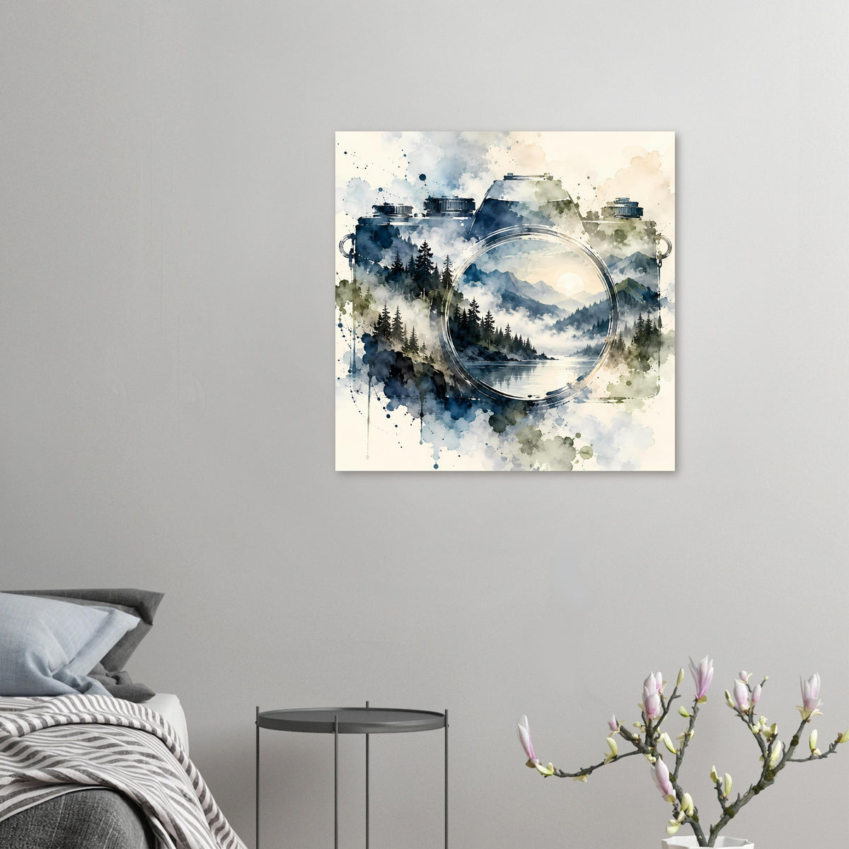 Kleines Wandposter mit Vintage-Kamera und runder Linse in Aquarellfarben