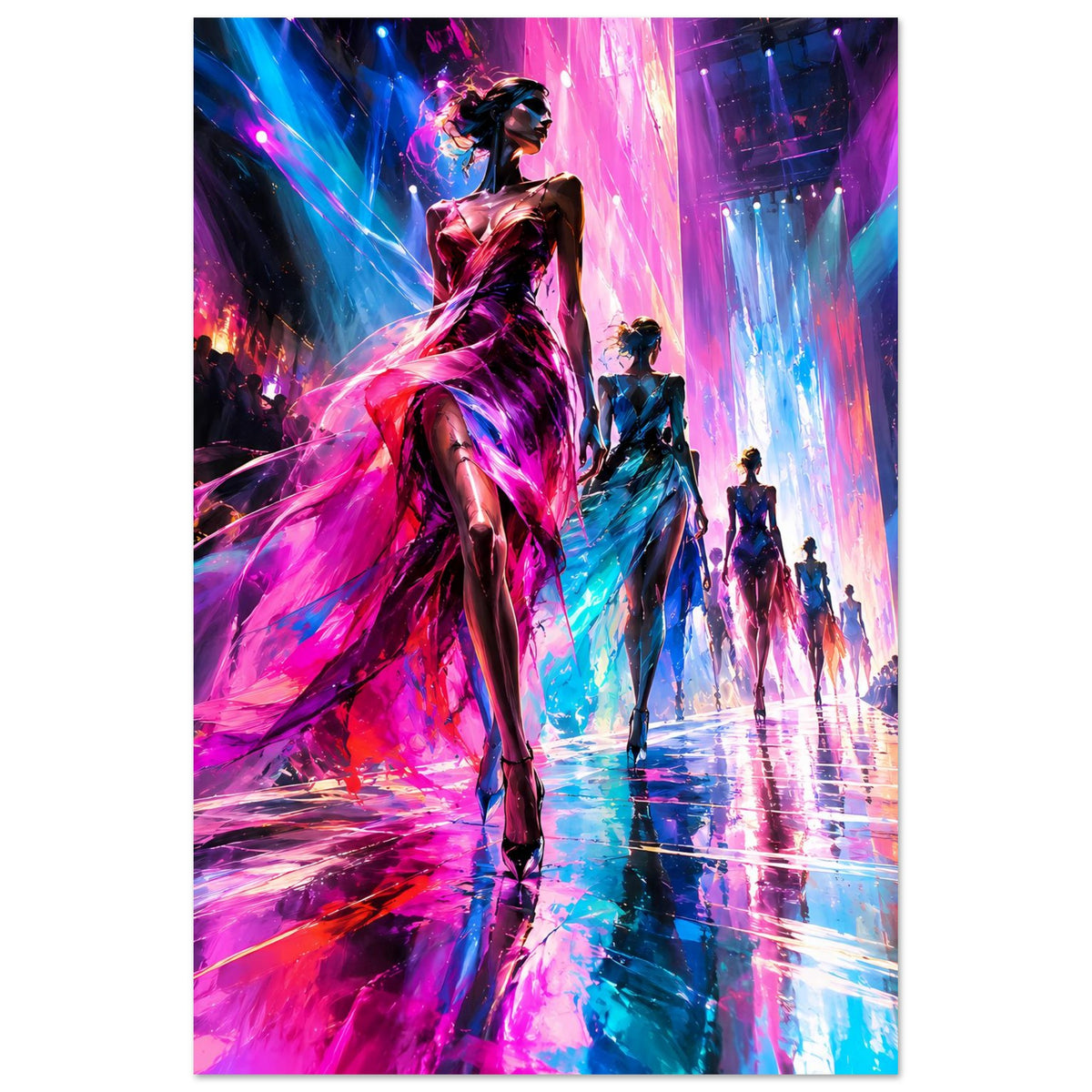 Vertikales Runway-Poster: Frau im schwarzen Kleid, leuchtende Farben, mehrere Model-Silhouetten