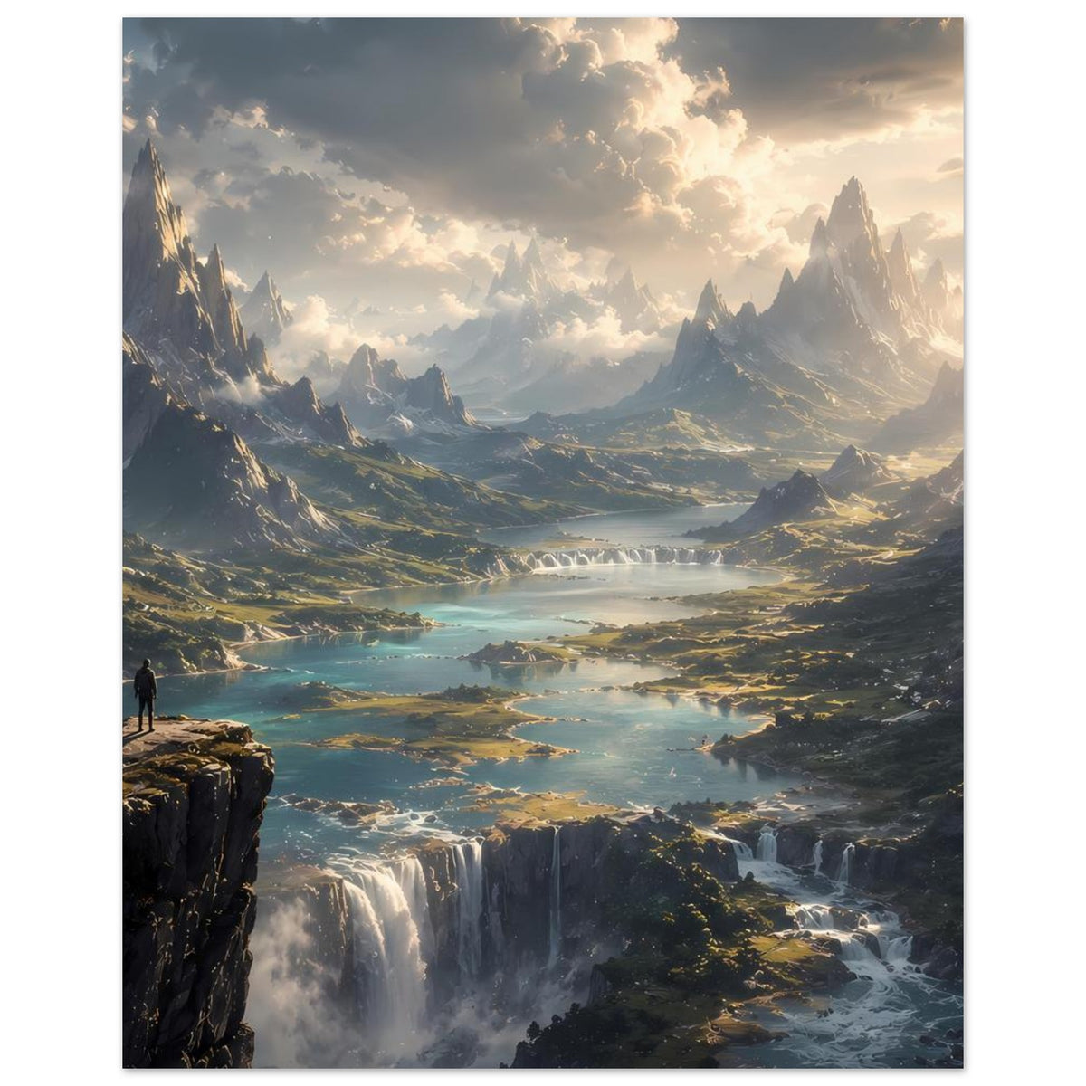 Landschaftsposter (vertikal): Bergtal mit Fluss, Wasserfällen und Personensilhouette