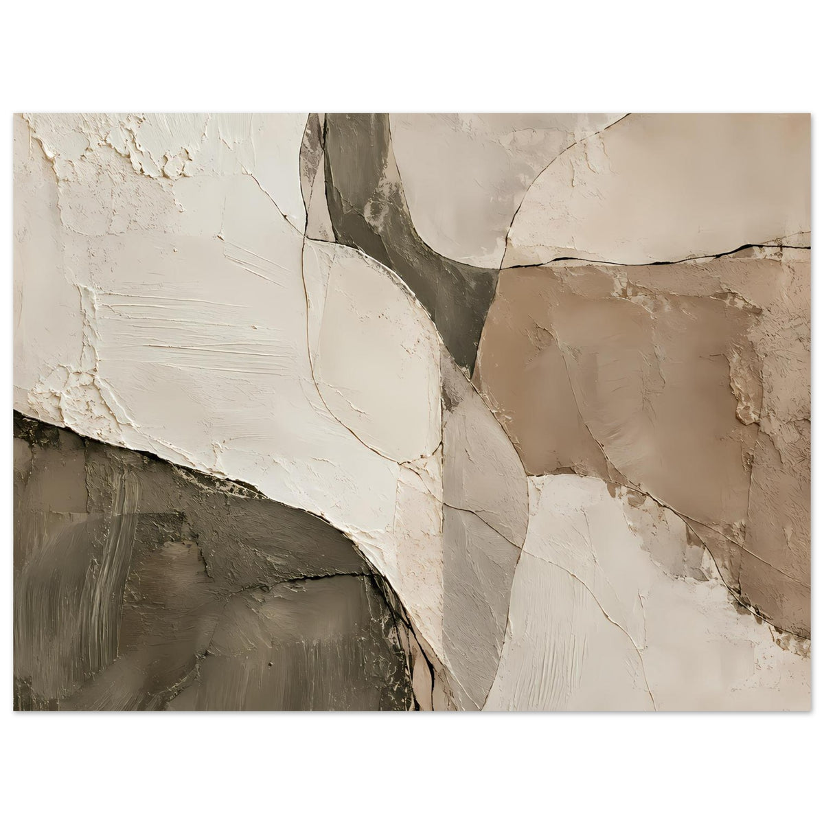 Abstraktes Kunst-Poster mit pastellfarbenen Erdtönen: creme, braun, dunkelgrau, Pinselstrukturen