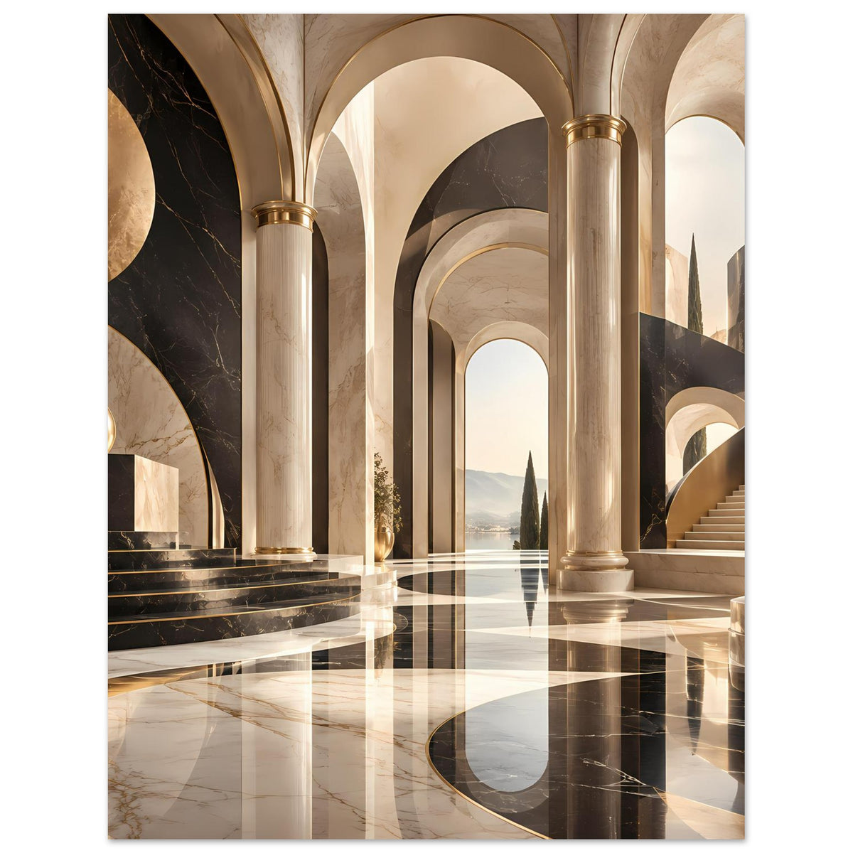 Architektur-Poster mit Marmormuster, goldene Säulen und bogenförmige Durchgänge