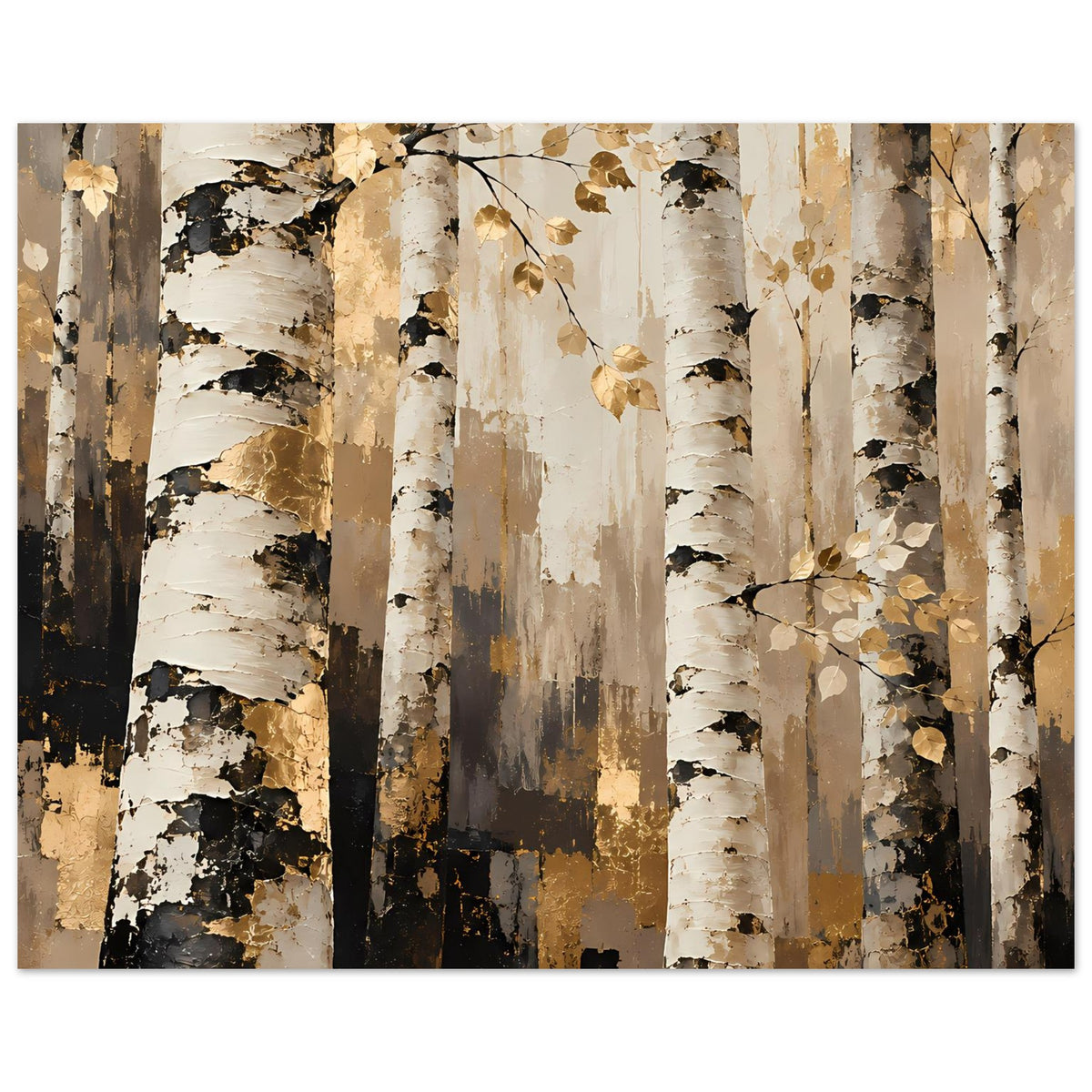 Naturposter mit Birkenstämmen und goldenen Blättern, kontrastreiche Braun-Grau-Schwarz-Töne