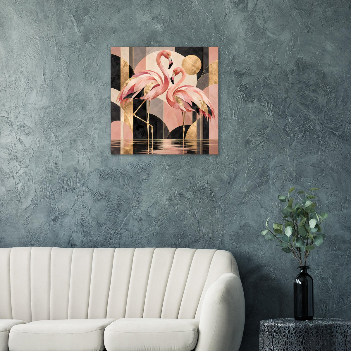 Quadratisches Wandposter mit Flamingo-Porträt in Rosa, goldfarbenen Reflexionen