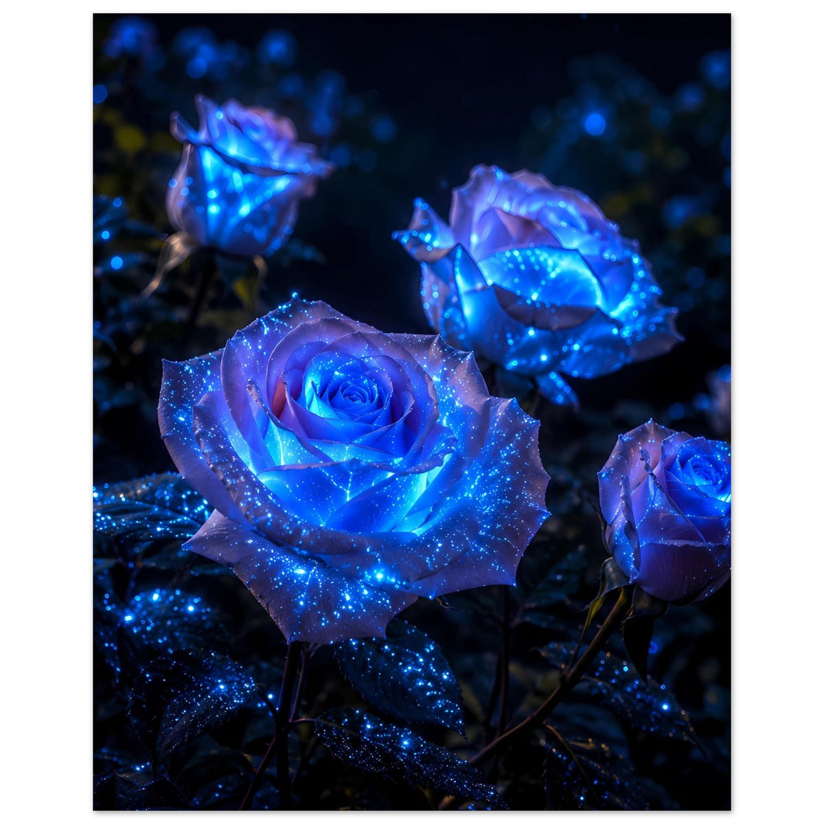 Poster mit blau leuchtenden Rosen: Vorderblüte klar, Hintergrundblüten mit Leuchteffekt
