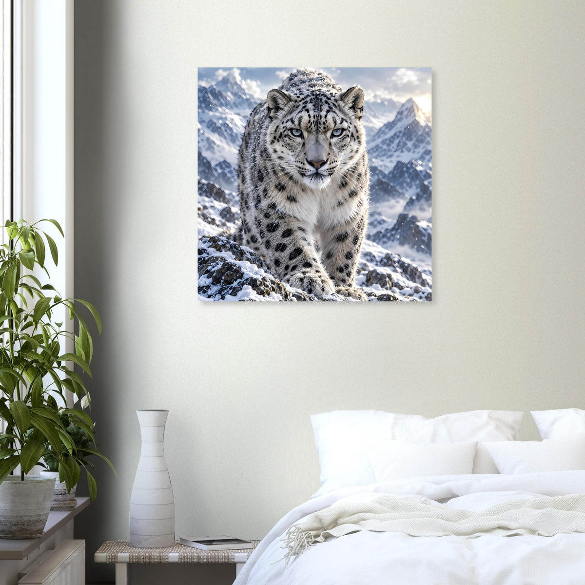 Quadratisches Poster mit Schneeleopard im Schnee, frontal