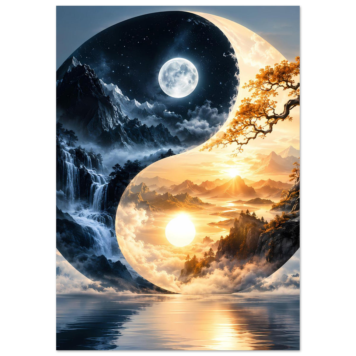 Yin-Yang-Landschaftsposter mit Mond über Wolken, Sonnenaufgang im anderen Teil, Berge und Fluss