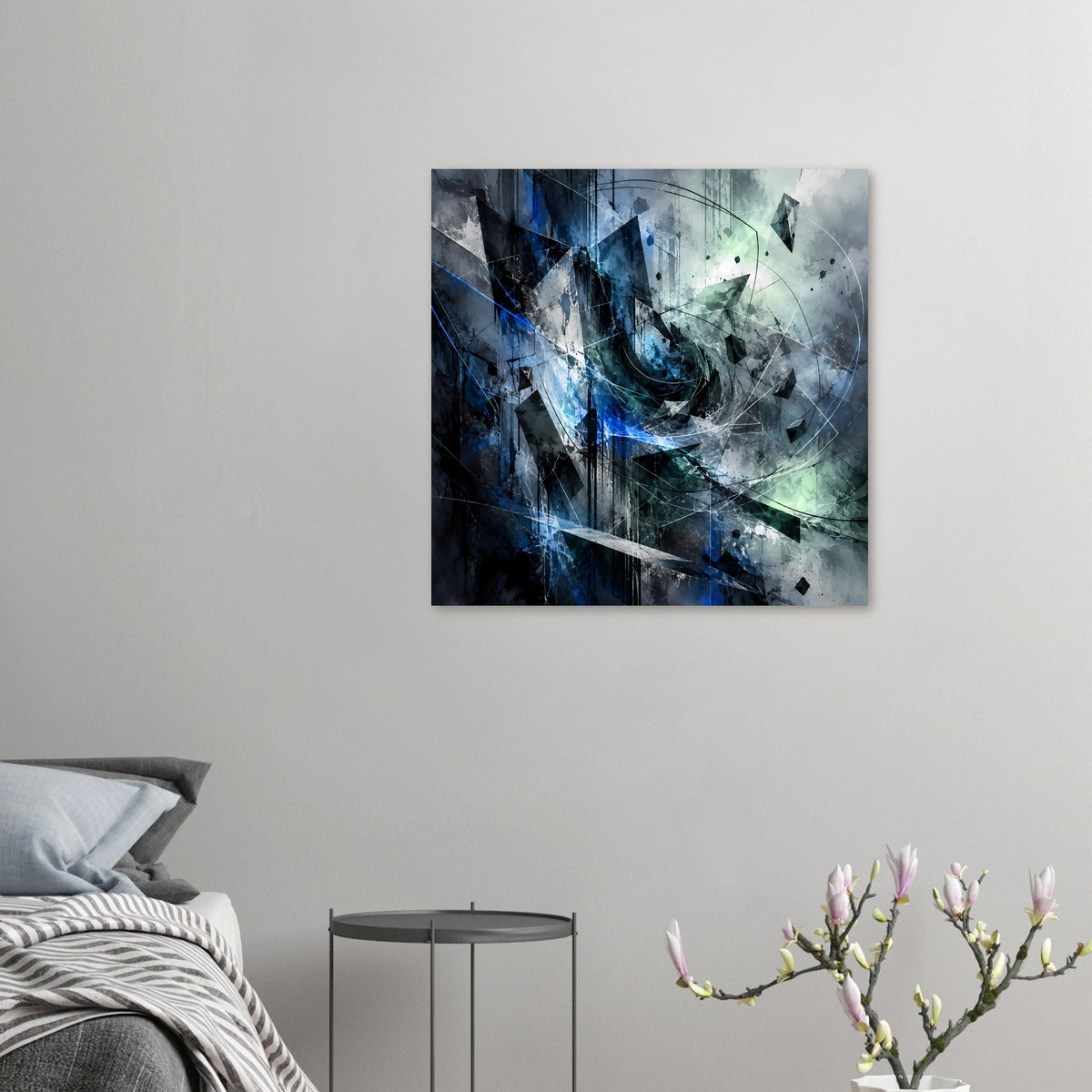 Abstraktes Kunstposter mit blau-grünem Detail, Kreisbogen und geometrischen Fragmenten