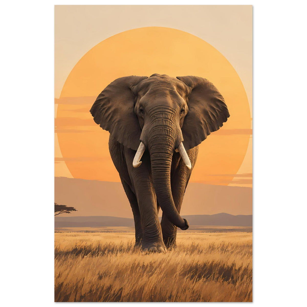 Elefanten-Sonnenuntergangsposter im Hochformat: Elefant mittig, braun