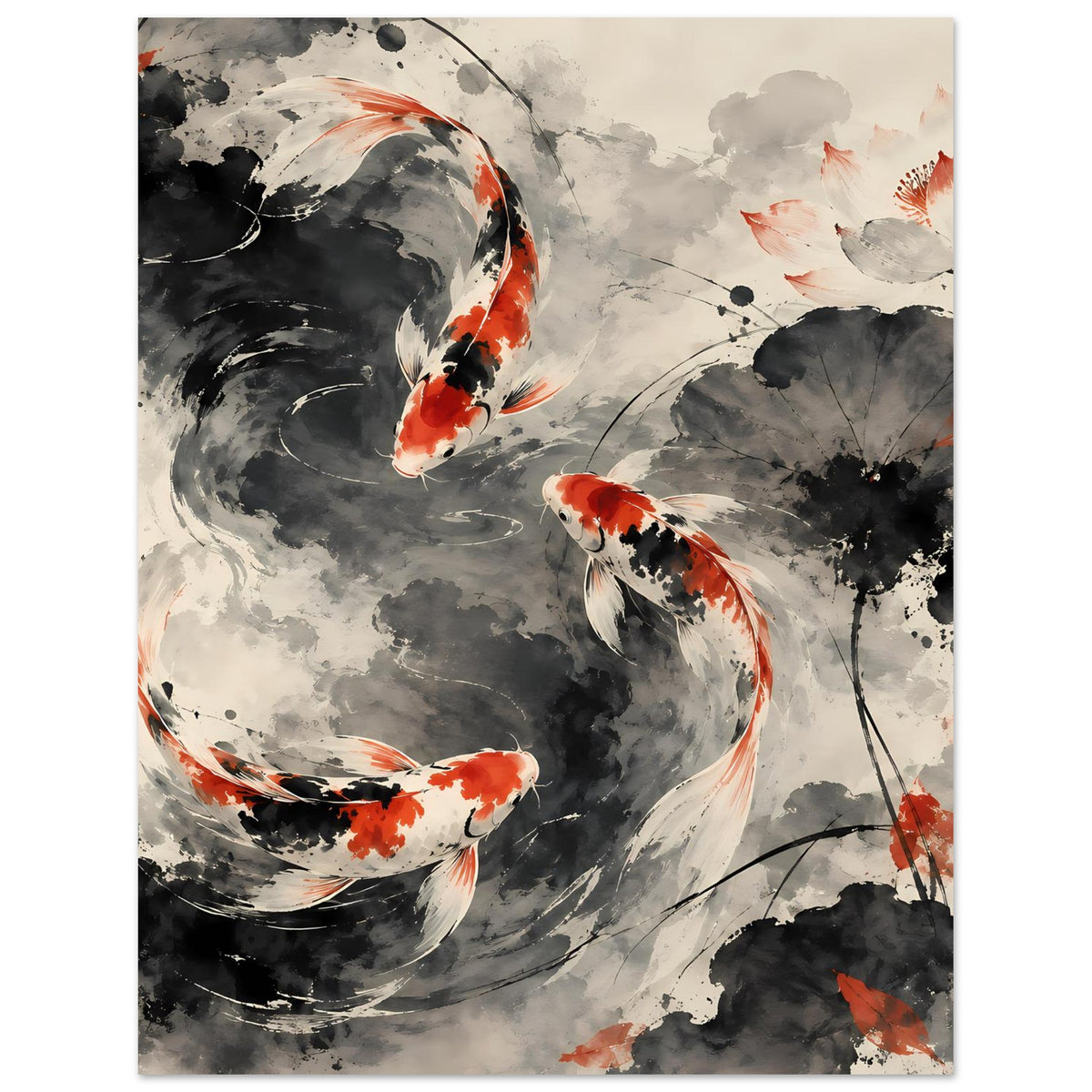 Poster im Hochformat mit großer Koi-Schlaufe, orange-weiße Flossen vor grauer Tusche