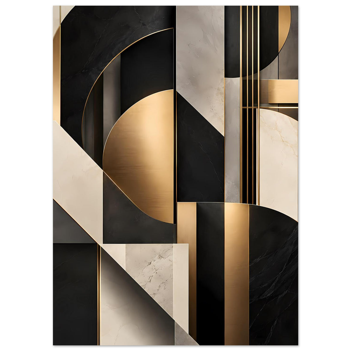 Geometrisches Kunstposter mit Goldrandlinien, Marmor- und Marmorstreifen, Schwarz und Beige