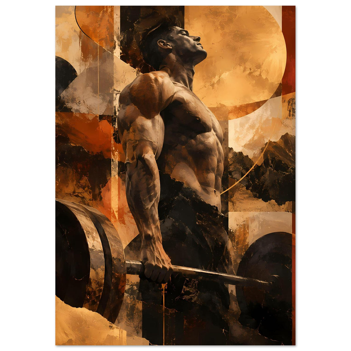 Vertikales Fitness-Artposter: muskulöser Hund hält ein Schwert, warme Braun- und Orangetöne