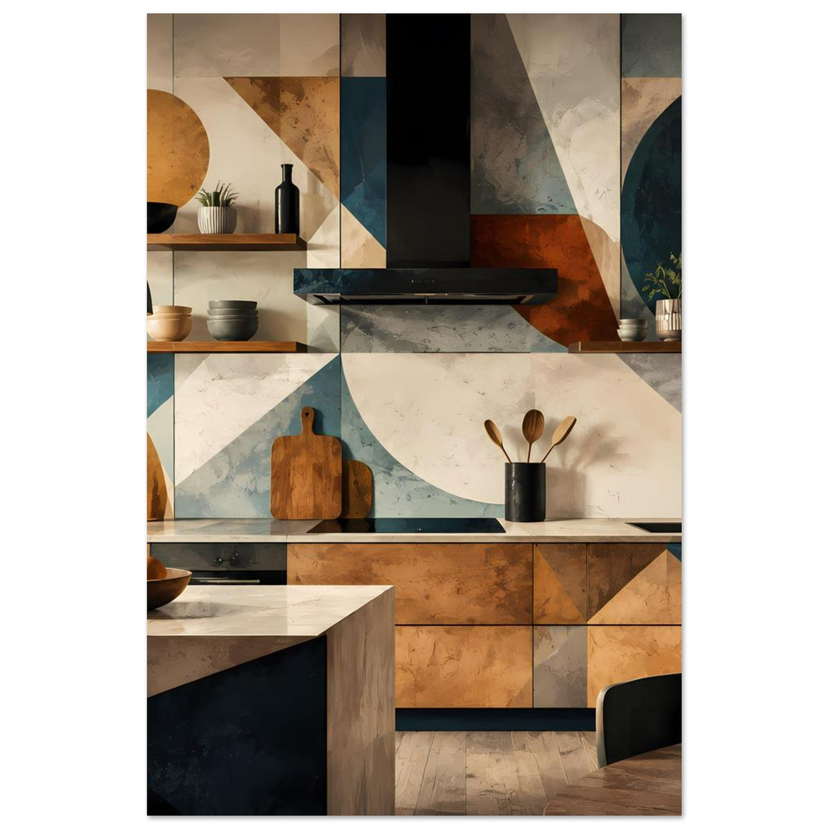Hochkant-Küchenkunstposter mit geometrischer Küchenszene: Herd, Wandmuster und Schneidebrett