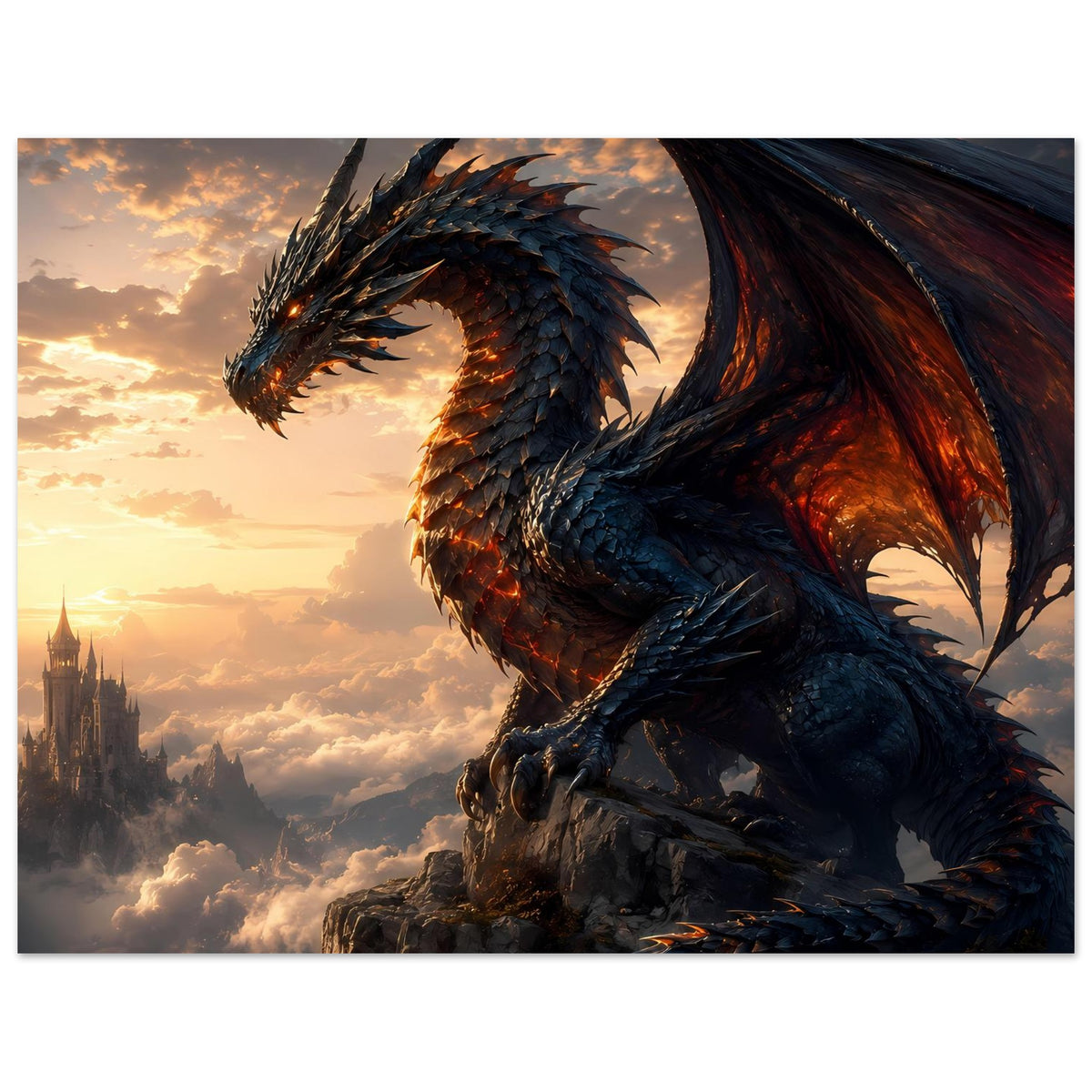 Horizontales Fantasy-Drachenposter, Drachenflügel und orangeglühende Flammen im Bild