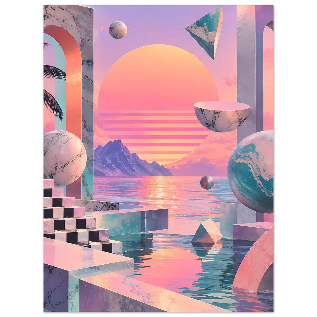 Landschafts-Poster mit Pastellsonne, schwebenden Halbkugeln, Marmorblöcken und geometrischem Muster