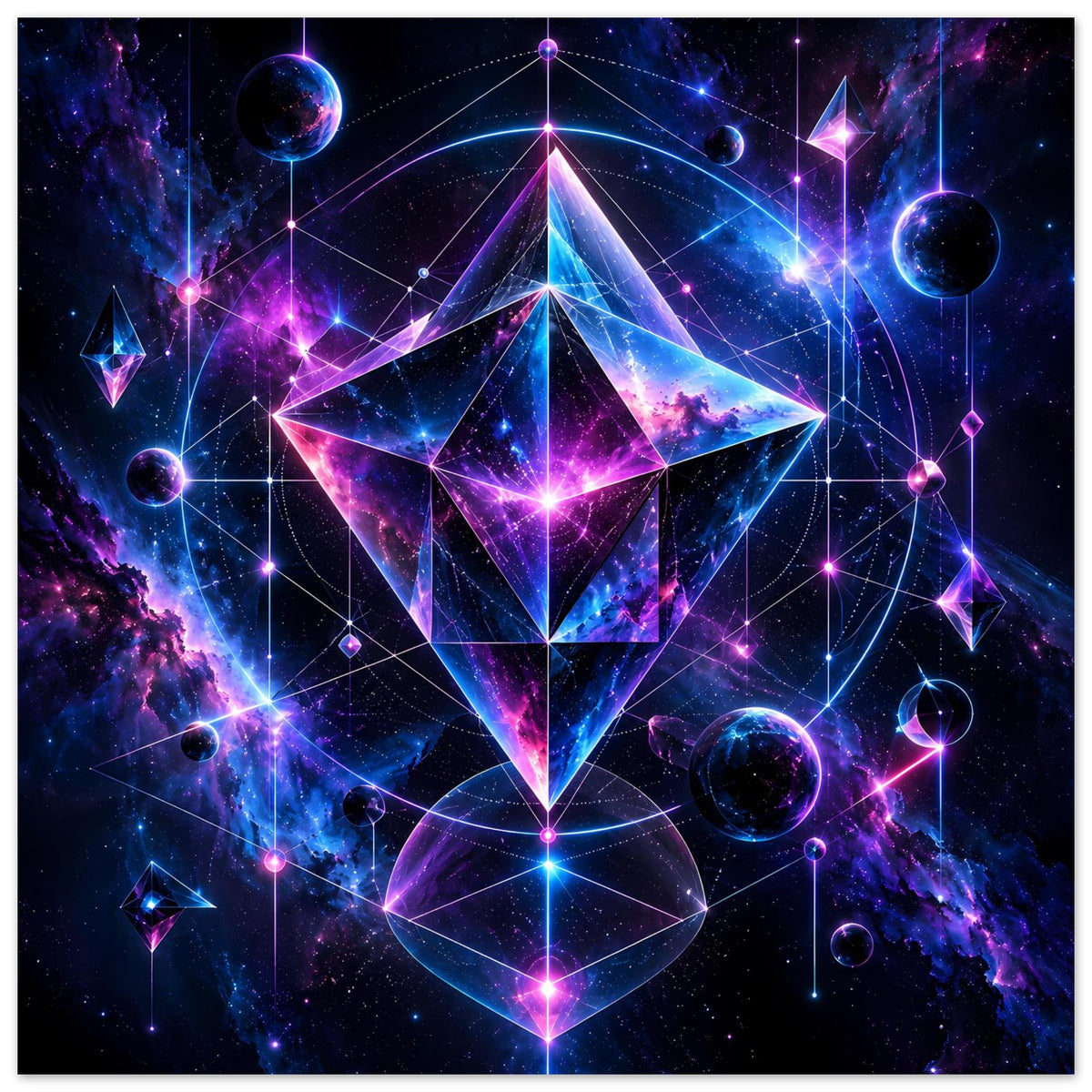 Poster mit Cosmic-Geometry-Motiv: dreidimensionaler Stern aus Dreiecken, Planeten und Linien