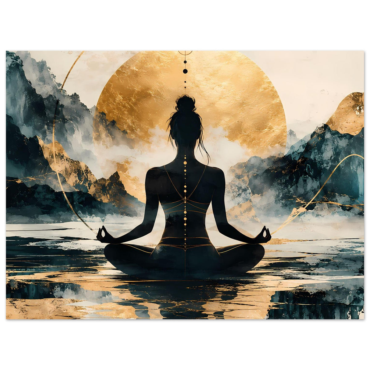 Meditationsposter: zentrale Rückenansicht im Schneidersitz mit goldener Sonne und Kreisbogen