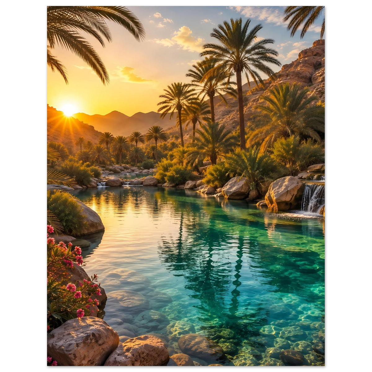 Poster im Hochformat mit tropischer Kulisse: Palmen, klarer Fluss und warme Sonne