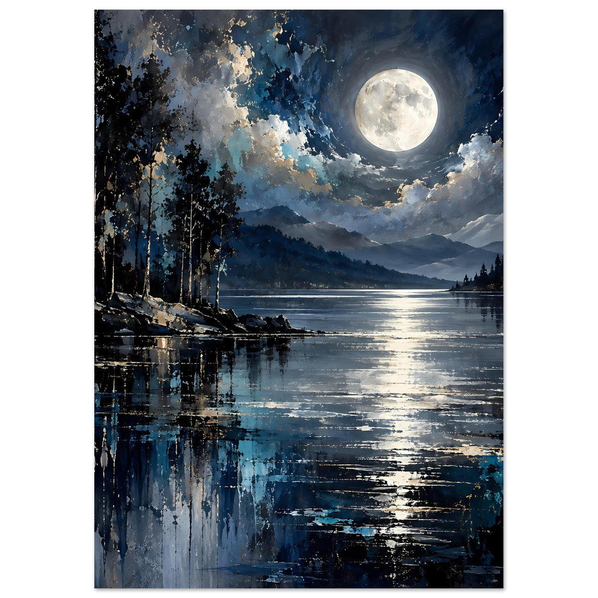 Landschaftsposter (hochkant): Nachtlandschaft mit Vollmond, Seeoberfläche mit Lichtreflexen und Hügeln.