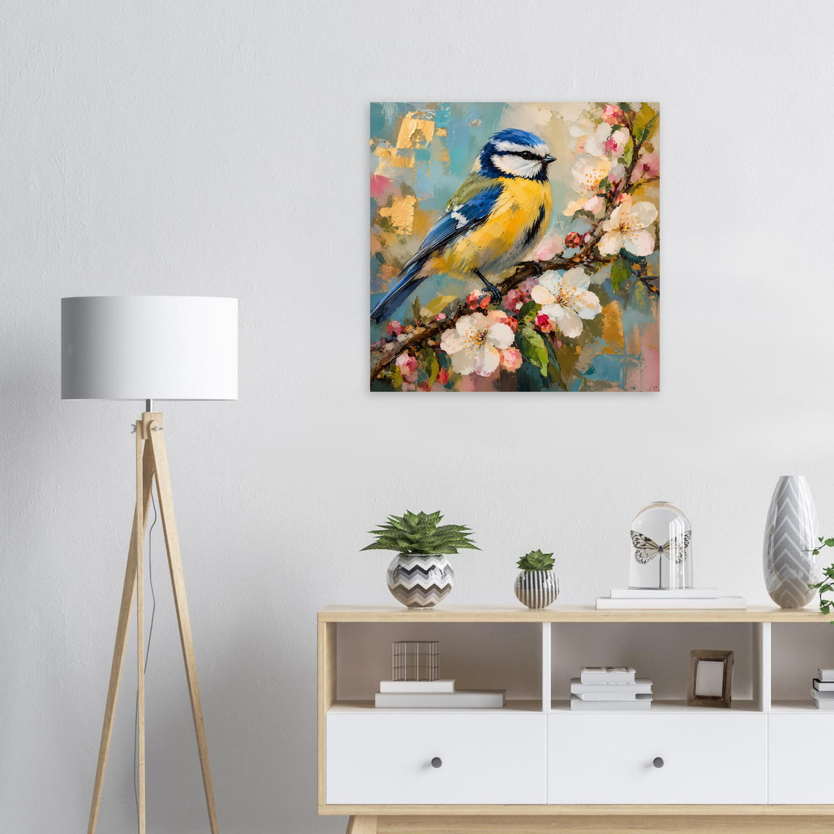 Wandposter mit blau-gelbem Vogel auf blühendem Zweig in Pastellfarben, quadratisch