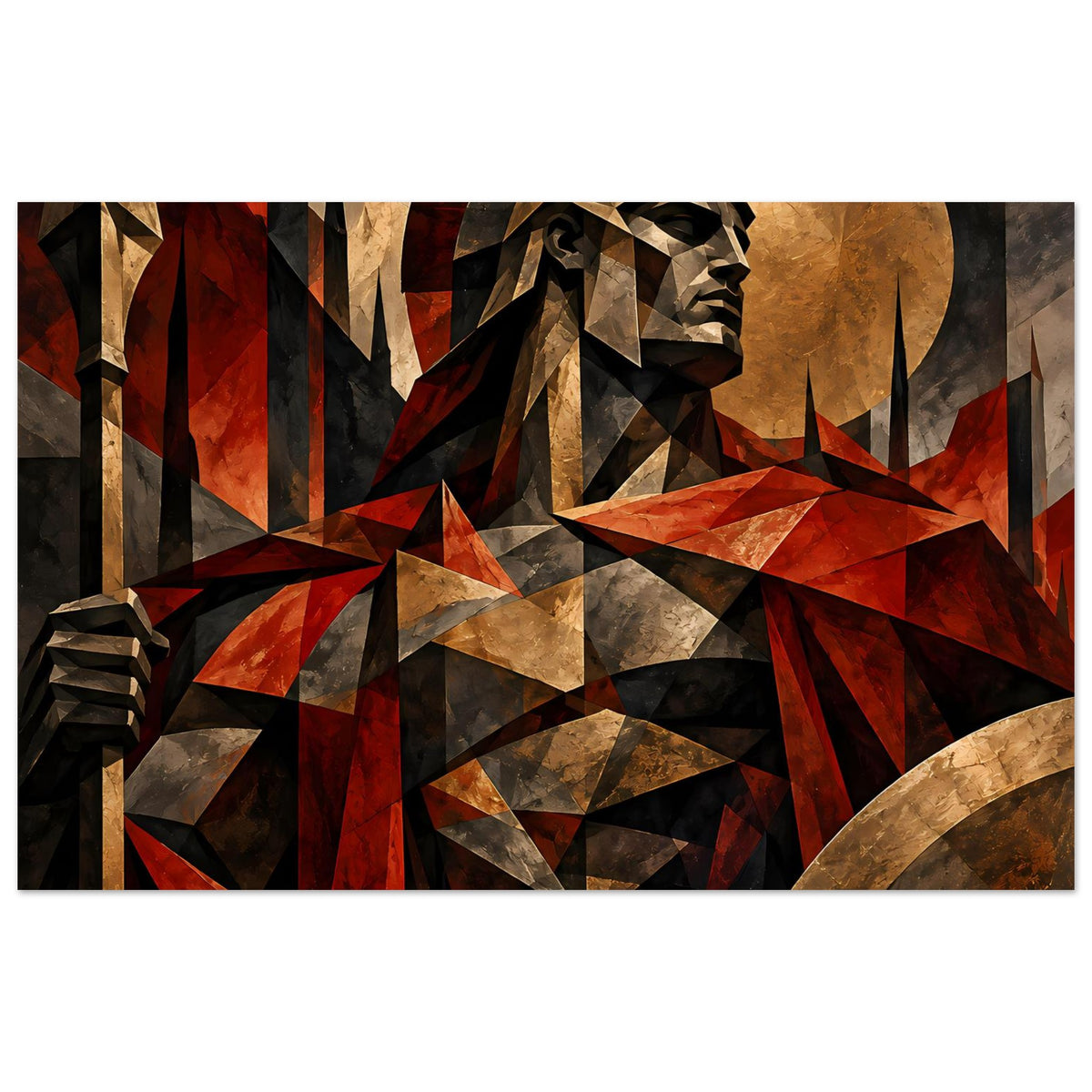 Poster mit Spartaner-Krieger im Mosaikstil, rot-goldene Dreiecke, Querformat