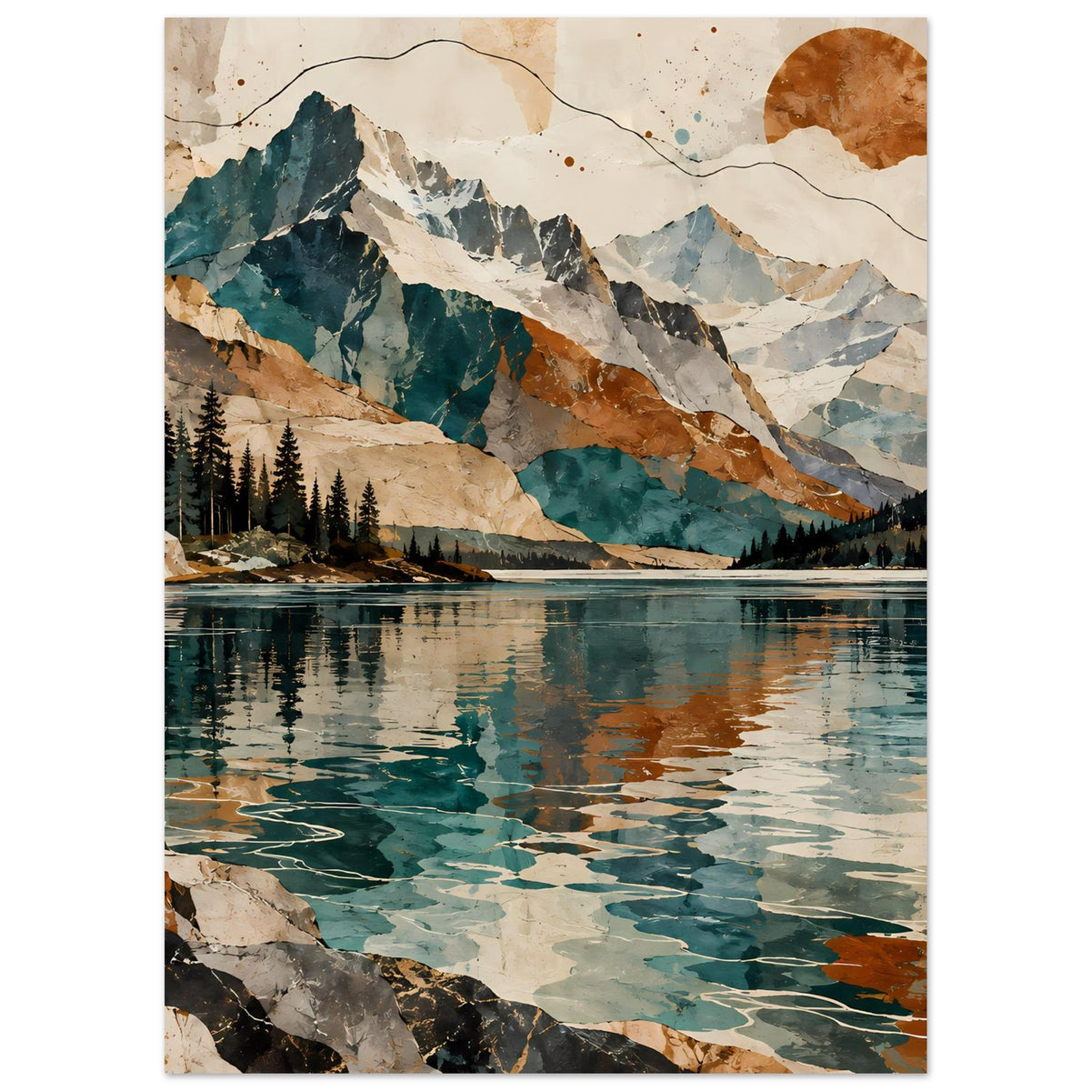 Wandposter mit Bergkette und ruhigem See, Nadelbäume, Vintage-Illustration in Blau/Braun