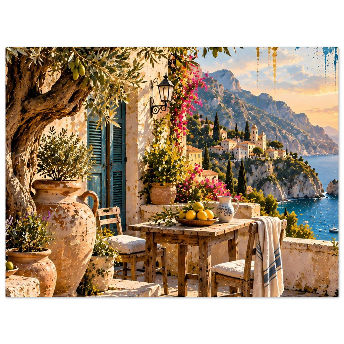 Poster mit Terrassentisch, Zitronenfrüchten und Blumenarrangement; Meer im Hintergrund