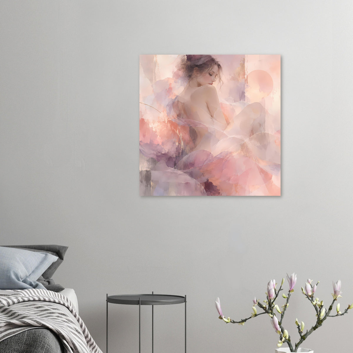 Kleines Wandposter mit abstraktem Frauenporträt im Aquarellstil, Pastellrosa und Lila