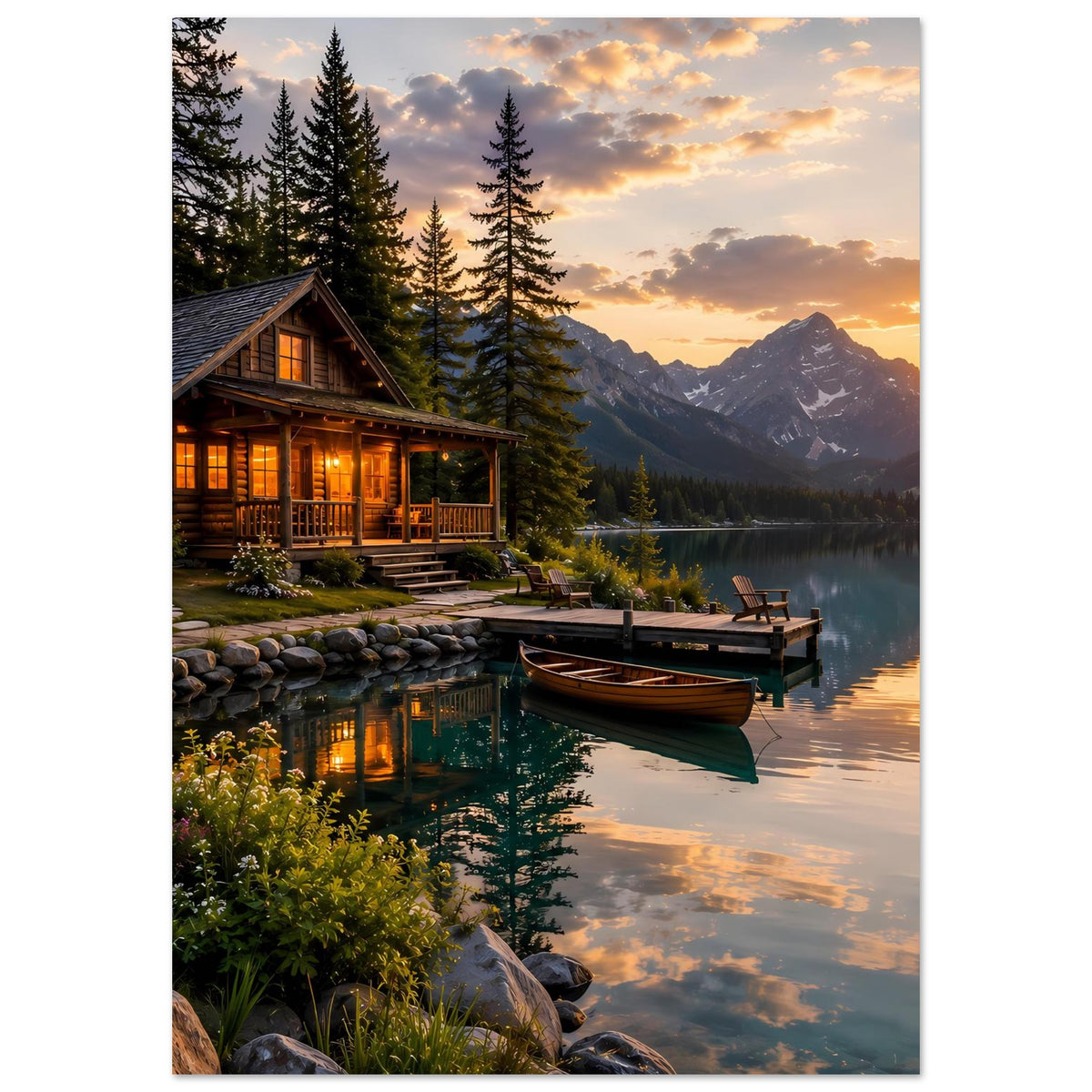 Vertikales Poster mit See, Holzhaus, Steg und Boot im warmen Sonnenuntergangslicht