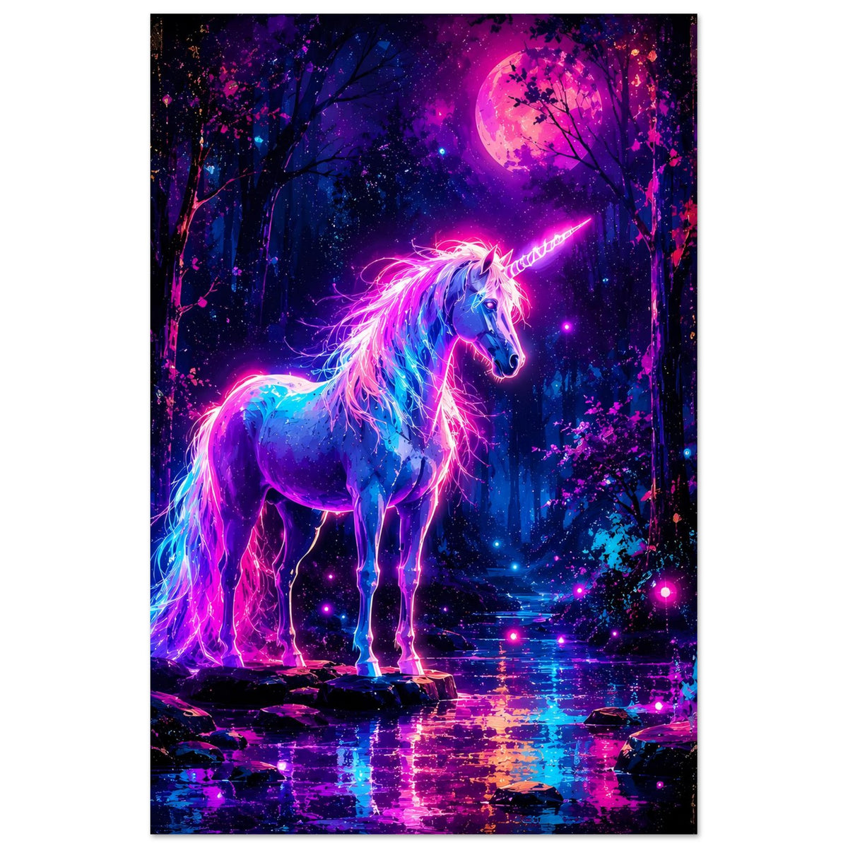 Hochformat-Poster mit Neon-Einhorn, blau-violettes Glühen und Mondsichel