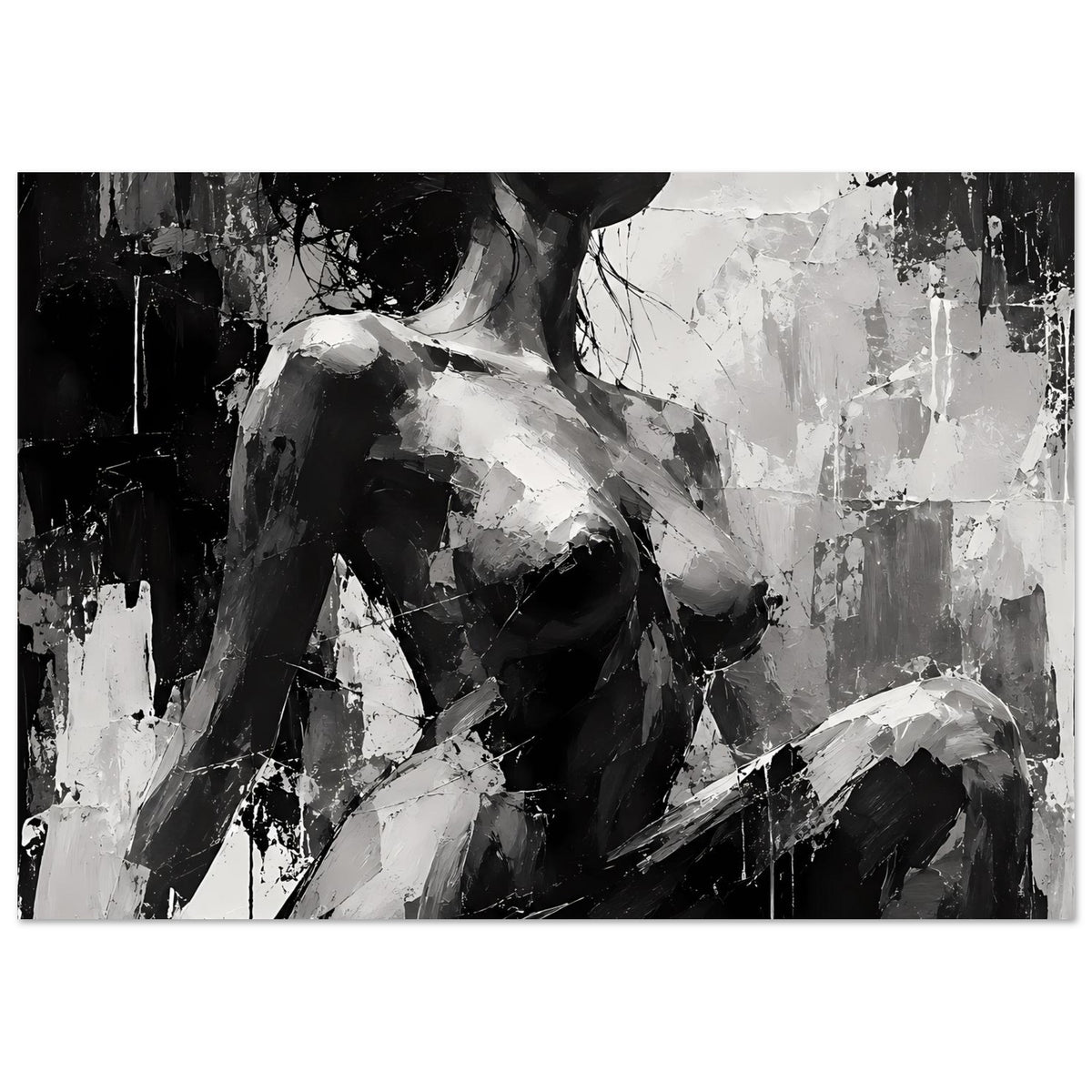 Abstraktes Frauenakt-Kunstposter in Schwarzweiß, Teilansicht von Oberkörper und Arm, Texturen