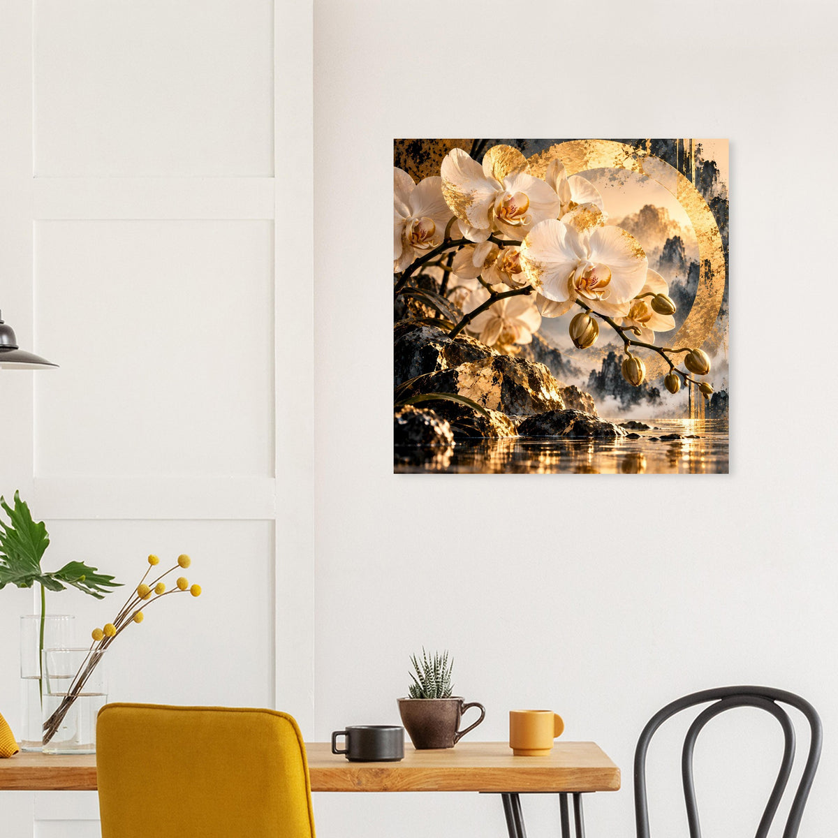 Wandposter mit weißen Orchideenblütenzweigen, goldenen Sprenkeln und reflektierendem Wasser