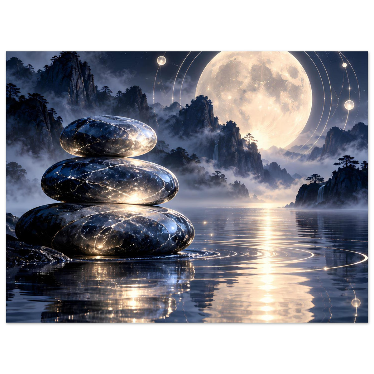 Poster mit Zen-Steinen, großem Mond, schimmernden Linienkreisen und Wasserreflexionen